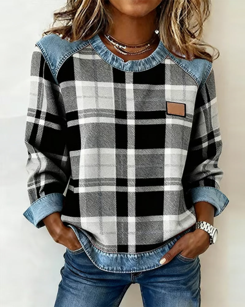 Women's Sweatshirt with Checkered Patchwork