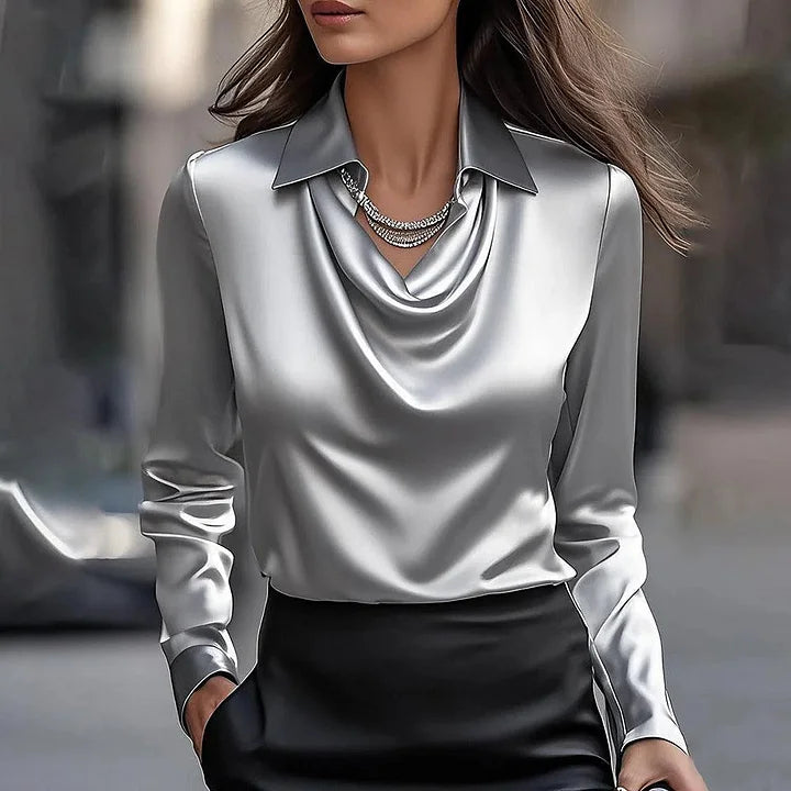 Women's Elegant Shiny Blouse with V-Neck