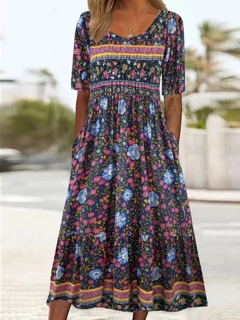 Women's Dress with Bohemian Print and Round Neckline