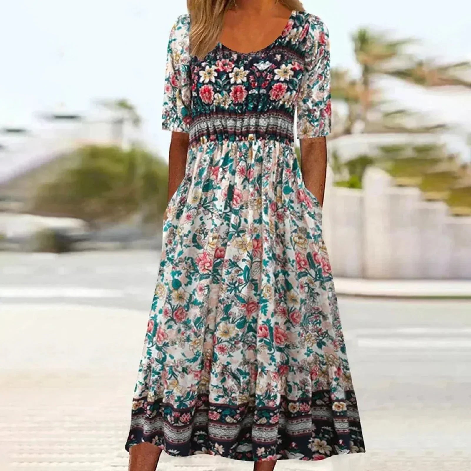 Women's Dress with Bohemian Print and Round Neckline