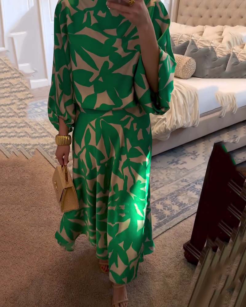 Women's Two-Piece Printed Set with Lantern Sleeves