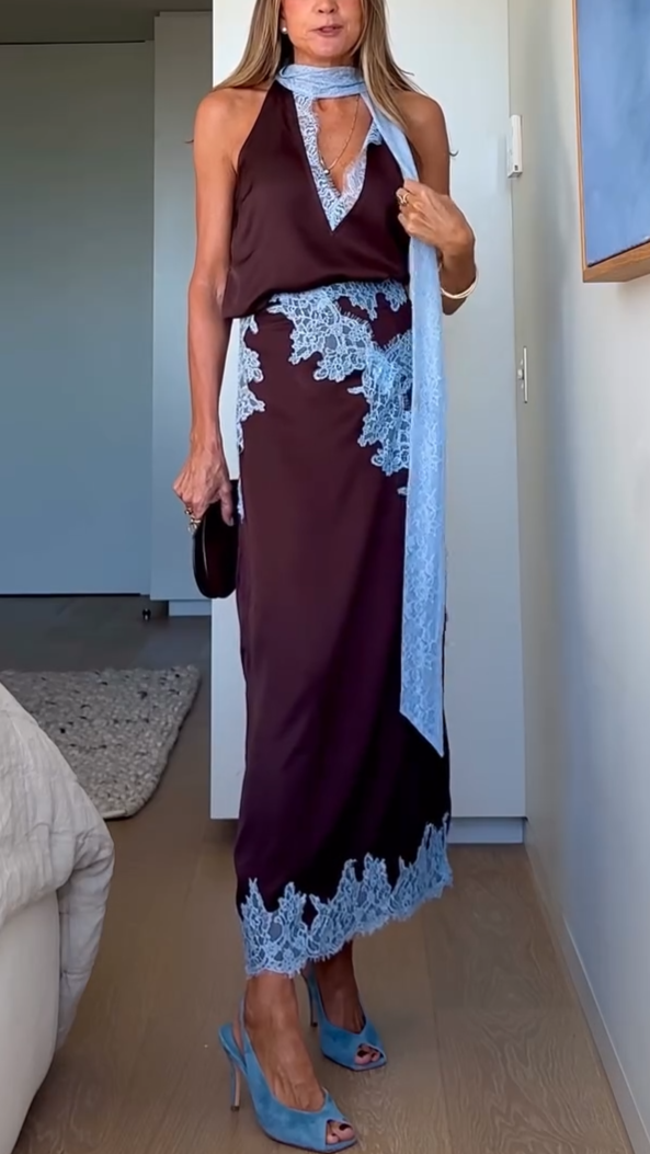 Women's Elegant Lace Panel Top & Skirt Set