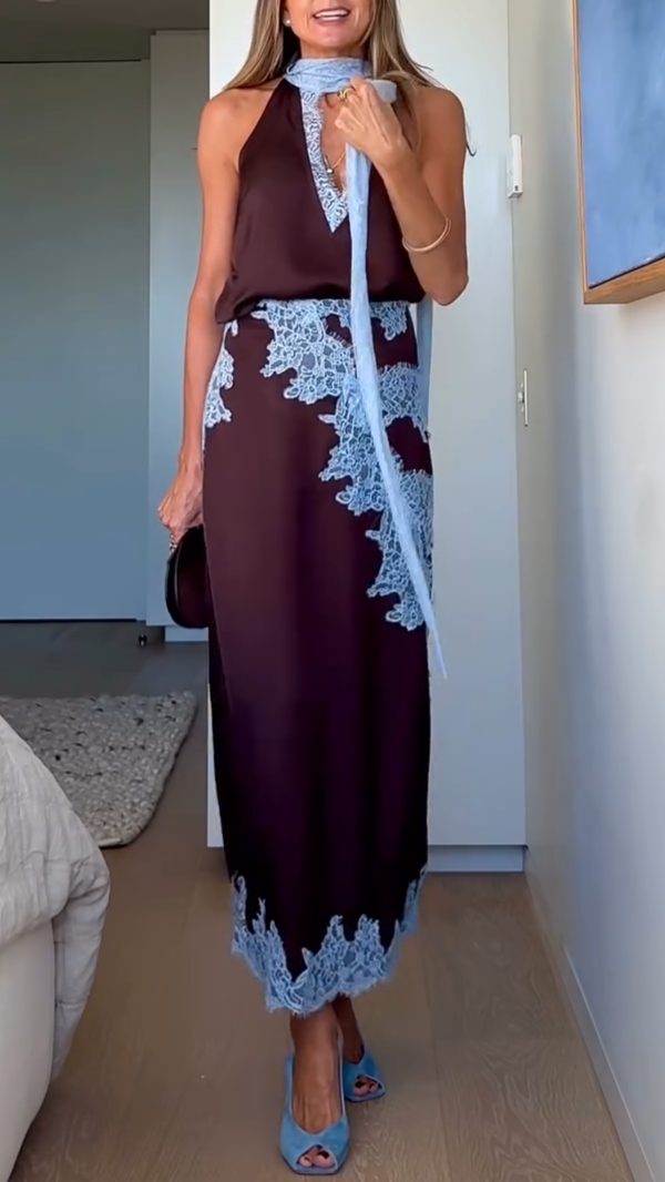 Women's Elegant Brown and Blue Lace Panel Top + Skirt Set