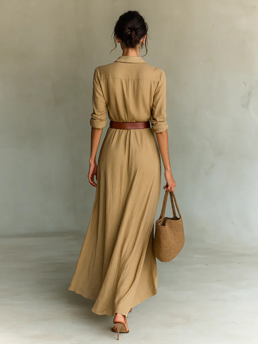 Women's Lapel Long Sleeve Belted Maxi Dress