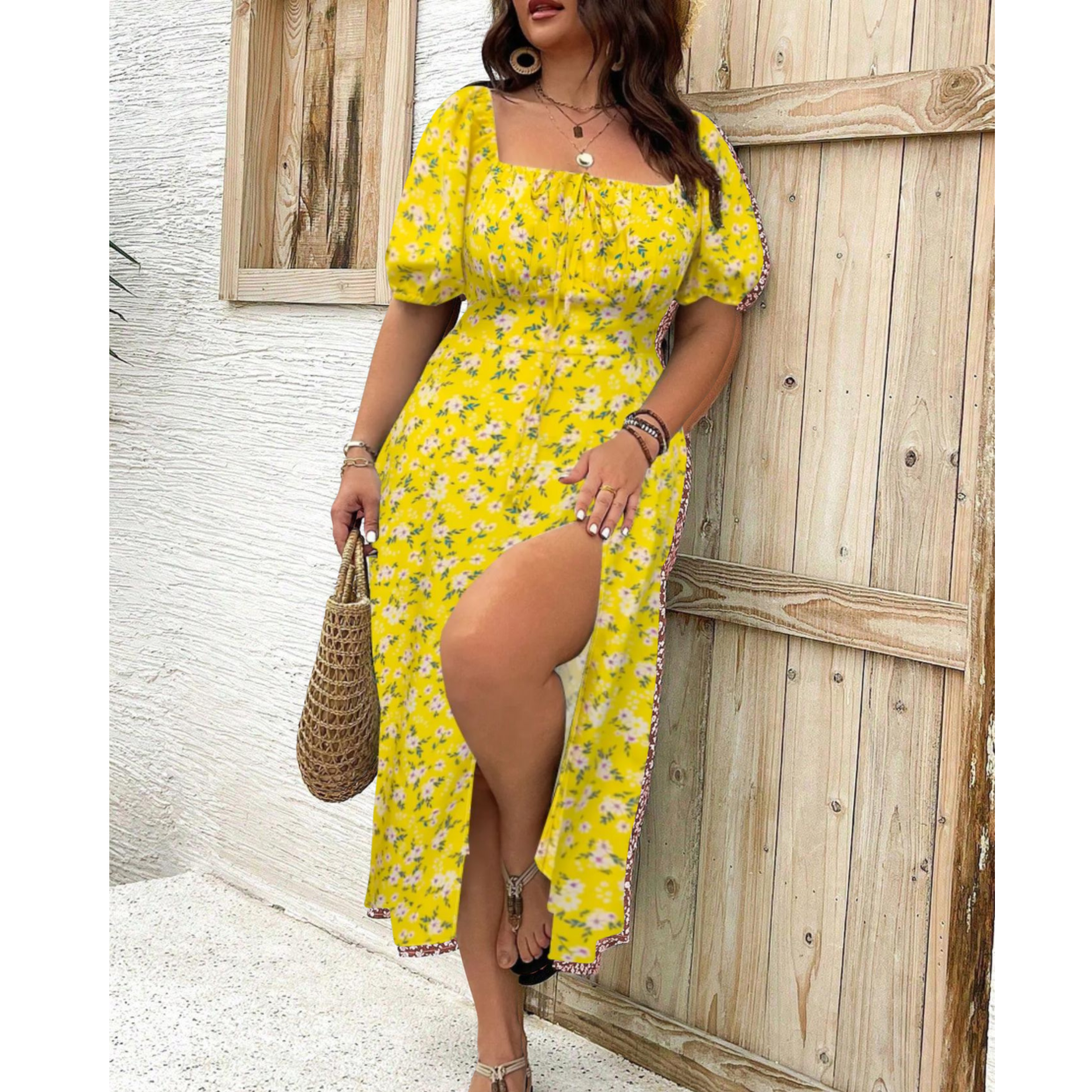 Women's Classy Plus Size Puff Sleeve Maxi Dress