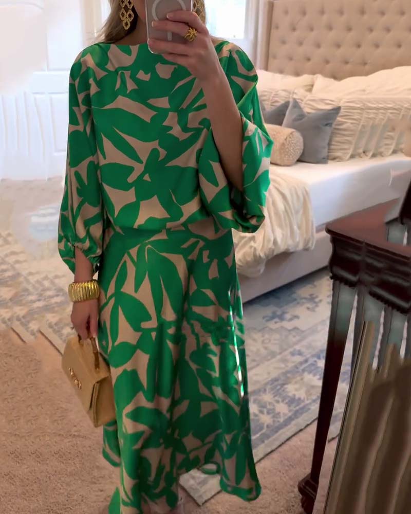 Women's Two-Piece Printed Set with Lantern Sleeves