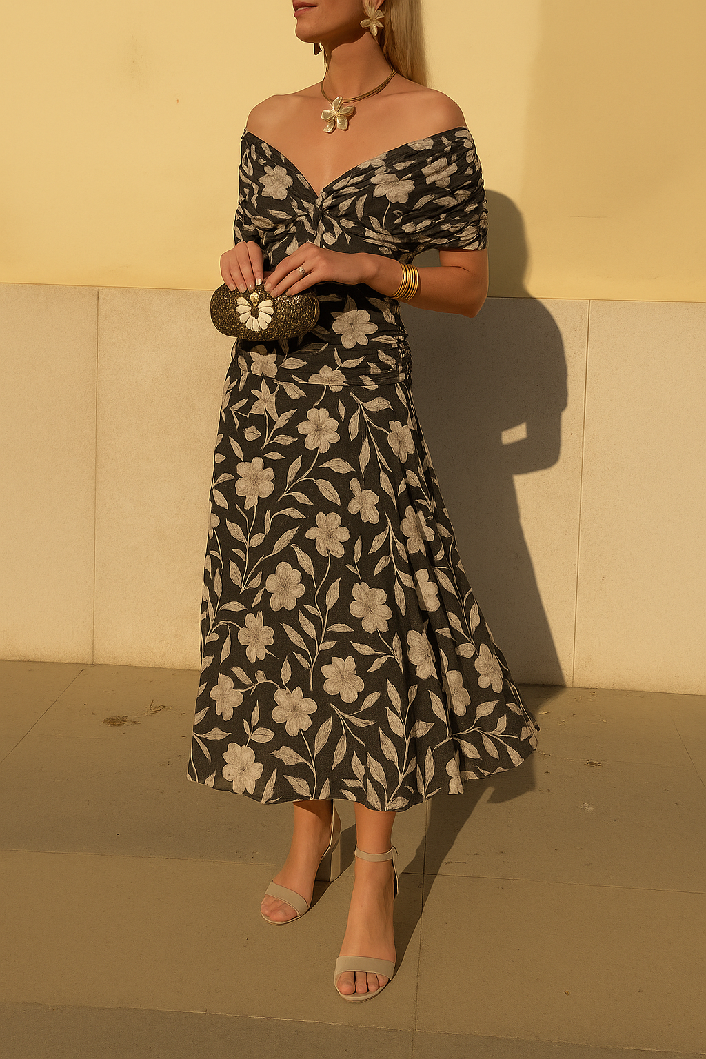Women's Off-Shoulder Midi Dress with Floral Print