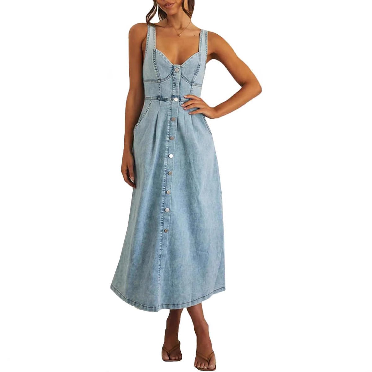 Women's Classic Sleeveless Button-Front Denim Dress