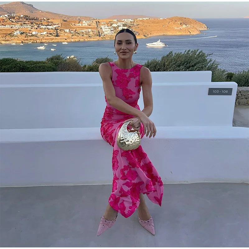 Women's Elegant Maxi Dress with Pink Floral Design