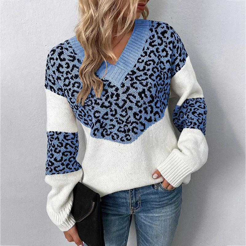 Women's Elegant V-neck Sweater Leopard