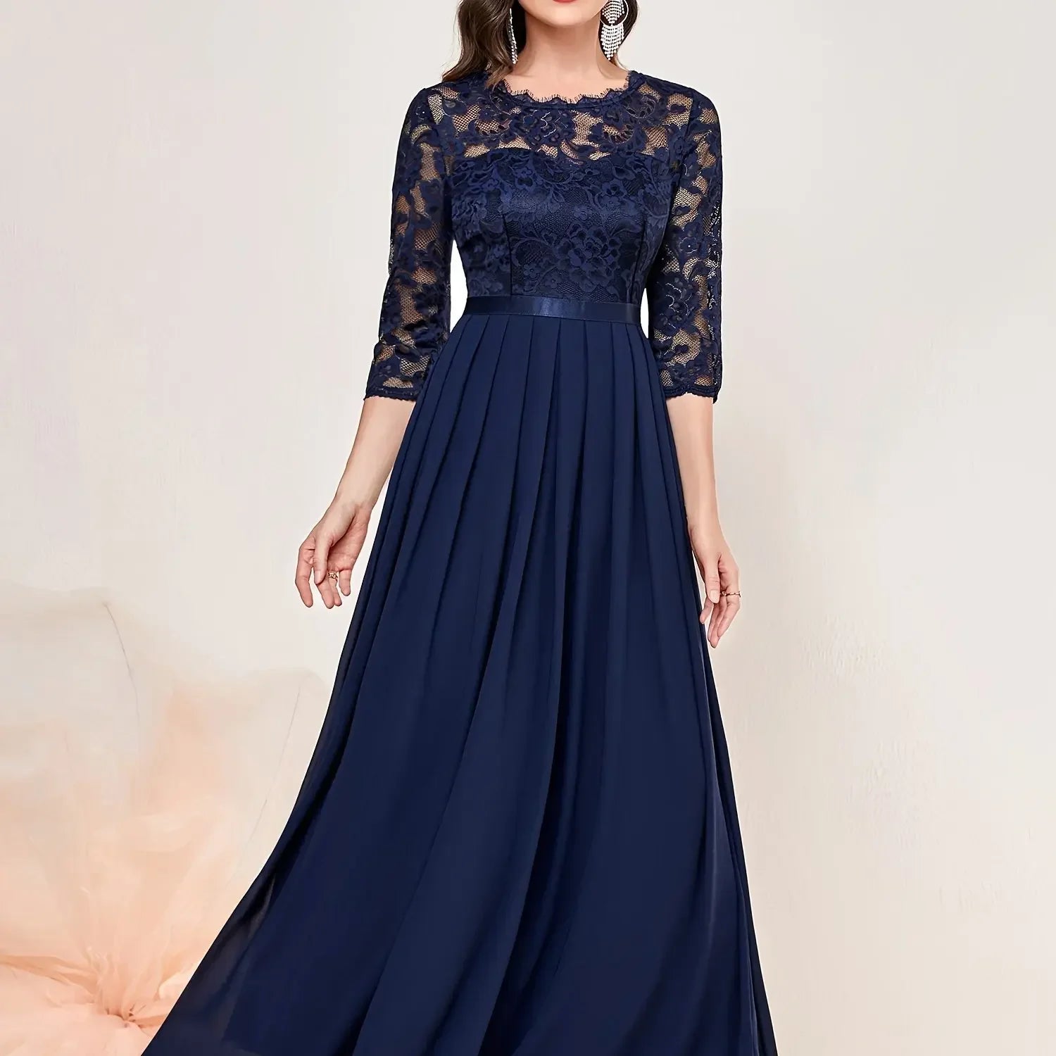 Women's Lace Pleated Quarter Sleeve Formal Evening Dress