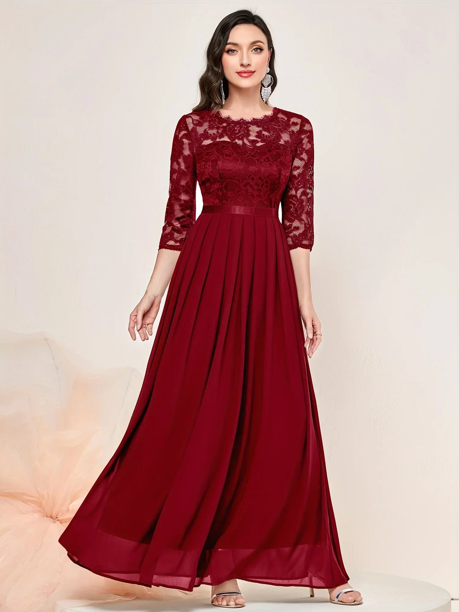 Women's Lace Pleated Quarter Sleeve Formal Evening Dress