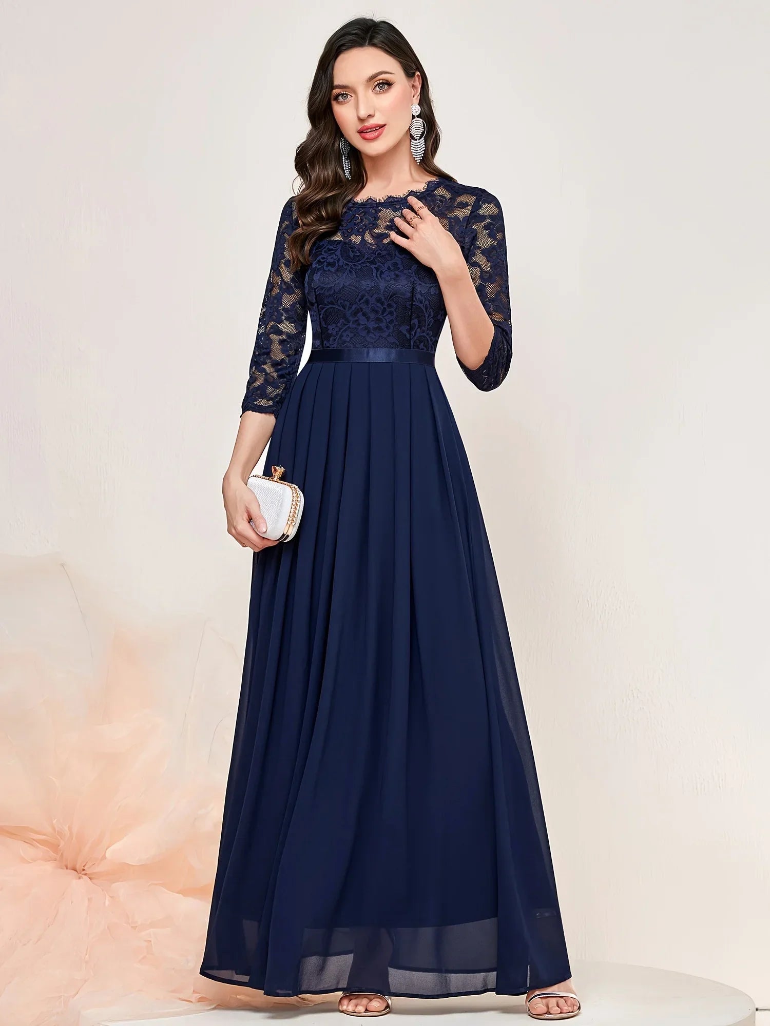 Women's Lace Pleated Quarter Sleeve Formal Evening Dress
