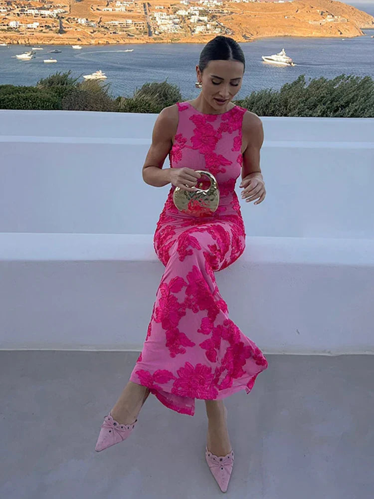 Women's Elegant Maxi Dress with Pink Floral Design