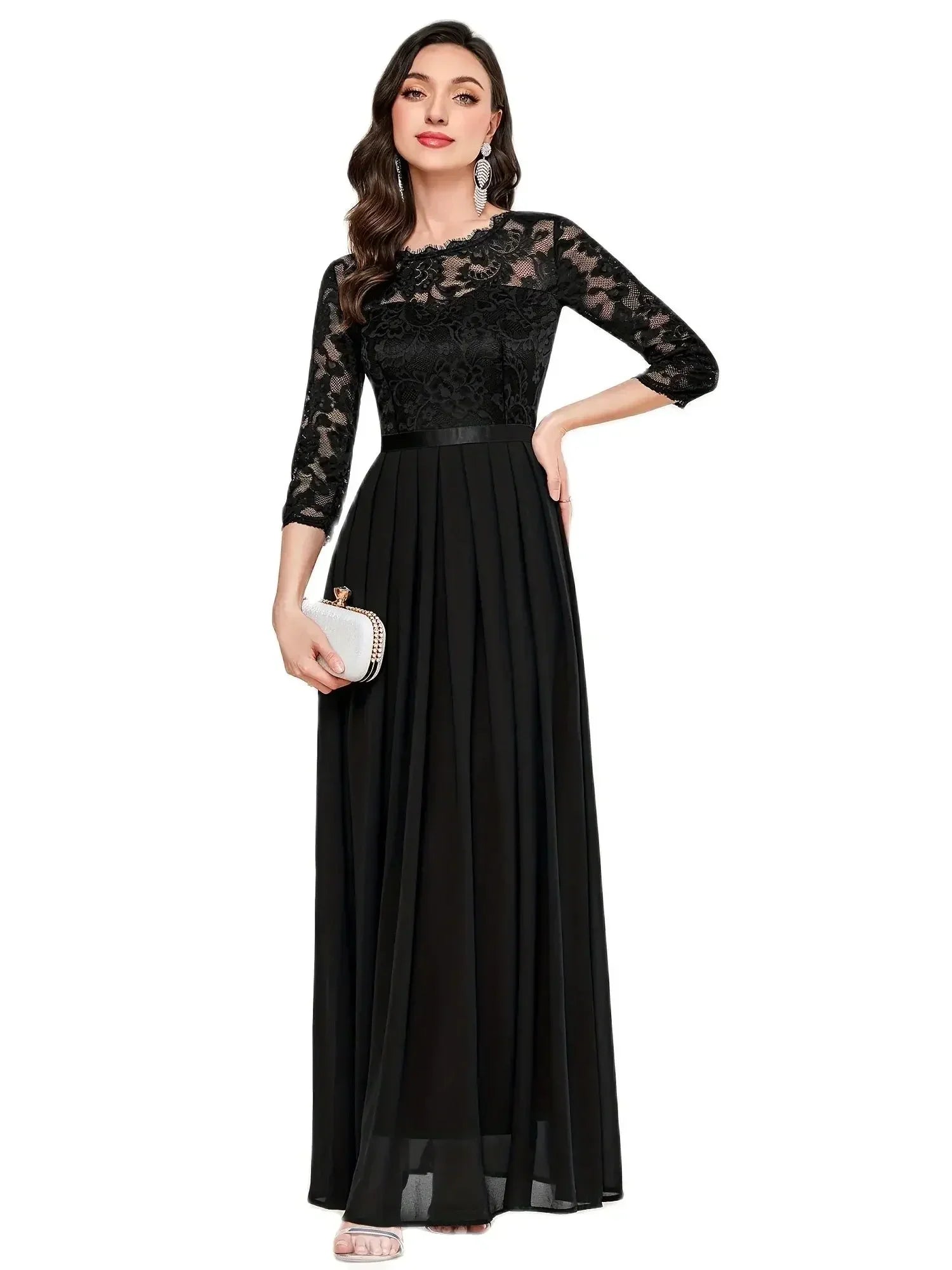 Women's Lace Pleated Quarter Sleeve Formal Evening Dress