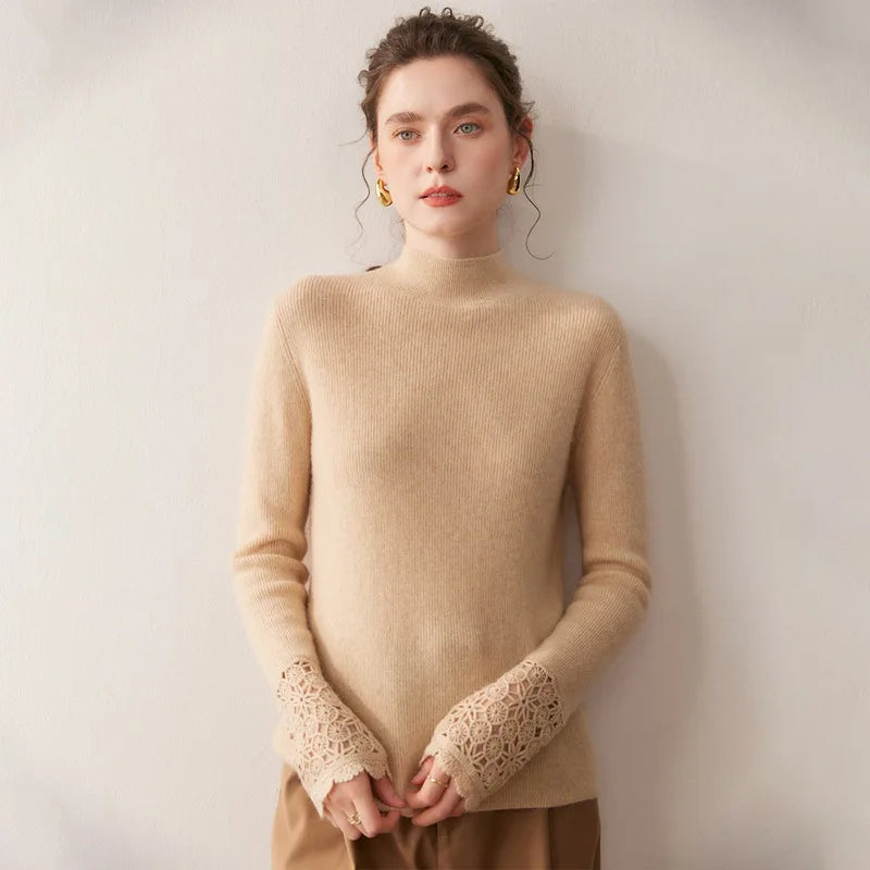 Women's wool sweater with half-high collar