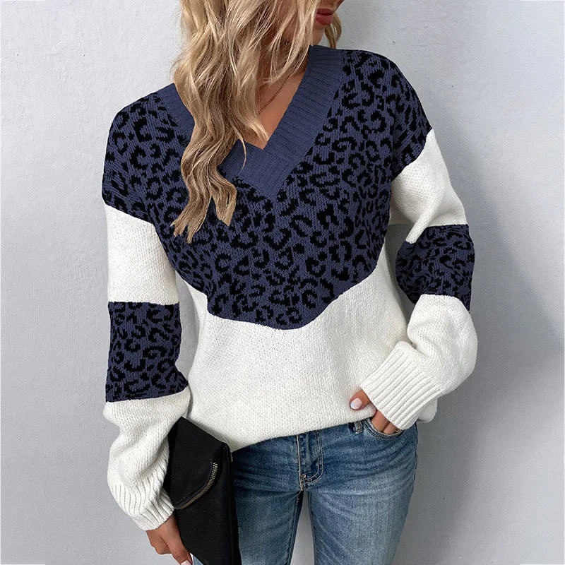 Women's Elegant V-neck Sweater Leopard