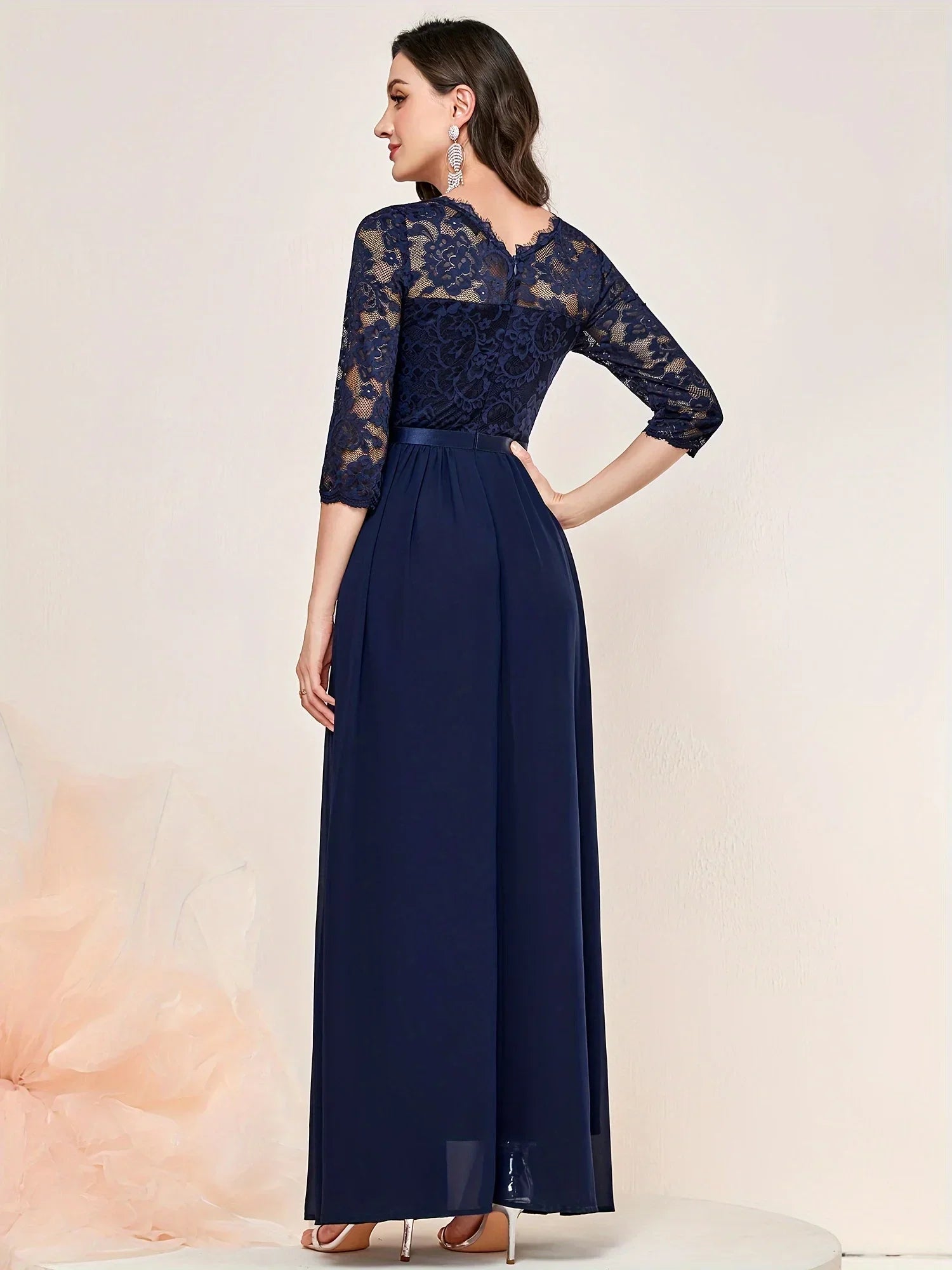 Women's Lace Pleated Quarter Sleeve Formal Evening Dress