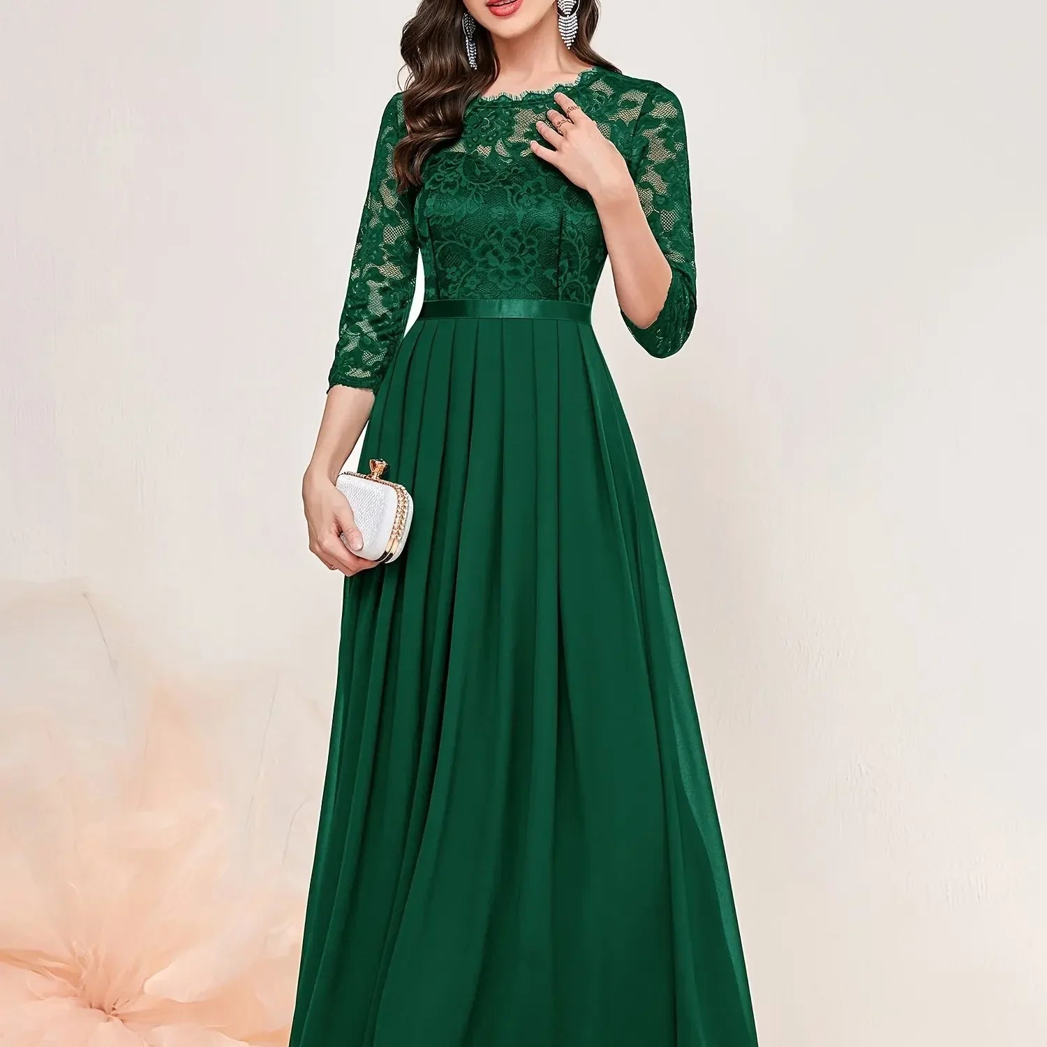 Women's Lace Pleated Quarter Sleeve Formal Evening Dress