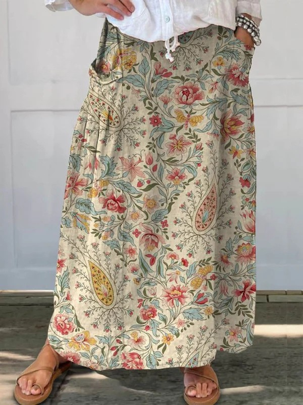 Women's Vintage Floral Art Printed Pocket Skirt