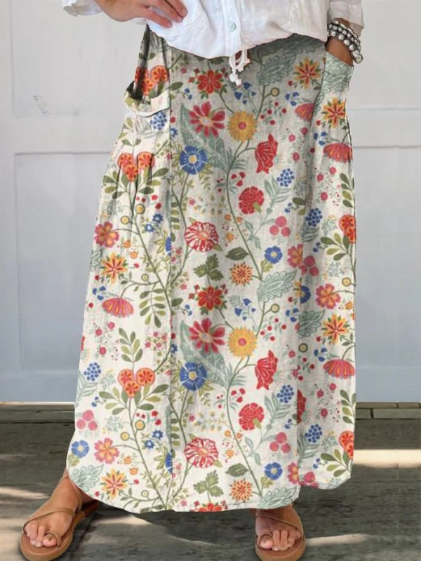 Women's Floral Print Elastic waistband Pocket Skirt