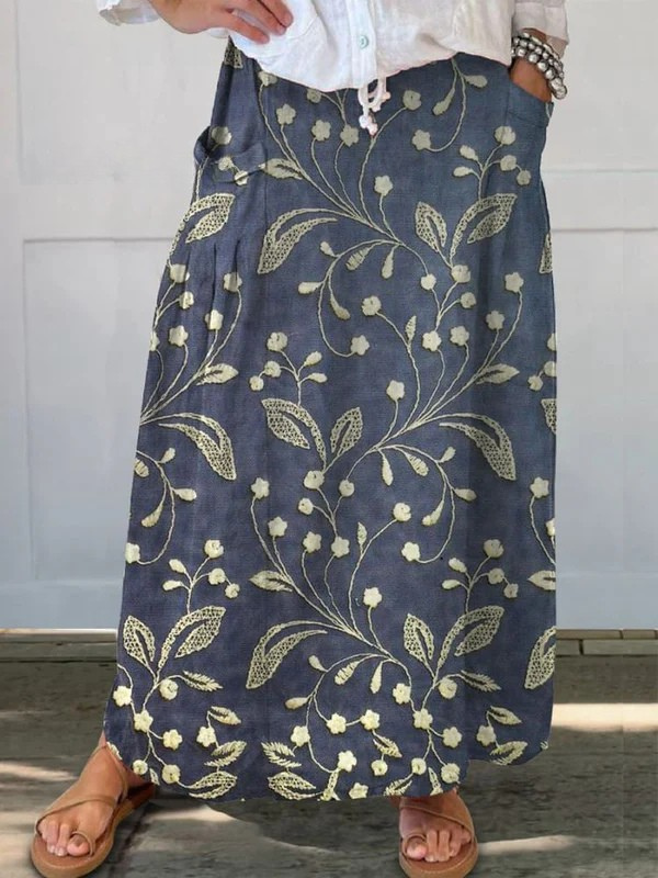 Women's Retro Floral Art Elastic waistband Pocket Skirt