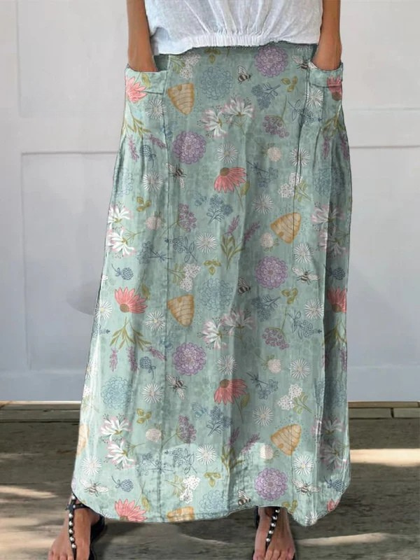 Women's Blooming Spring Floral And Bumble Bee Pattern Printed Pocket Skirt