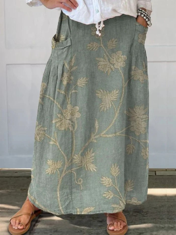 Women's Retro Elegant Floral Art Elastic waistband Pocket Skirt