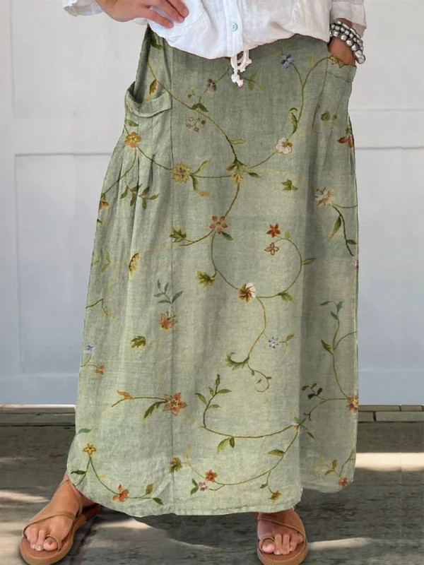 Women's Retro Floral Art Elastic waistband Pocket Skirt