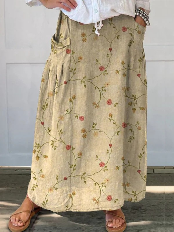 Women's Retro Floral Art Elastic waistband Pocket Skirt