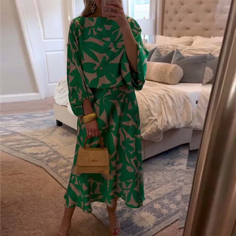 Women's Two-Piece Printed Set with Lantern Sleeves