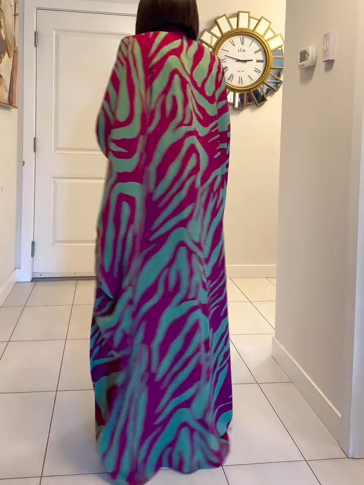 Women's Zebra Print V-Neck Batwing Sleeve Robe Maxi Dress
