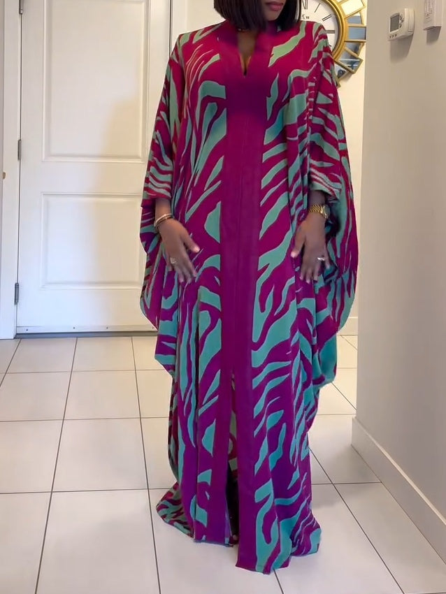 Women's Zebra Print V-Neck Batwing Sleeve Robe Maxi Dress