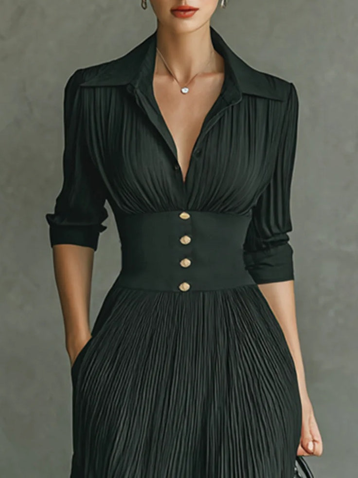 Women's Elegant Pleated Lapel Waist Maxi Dress