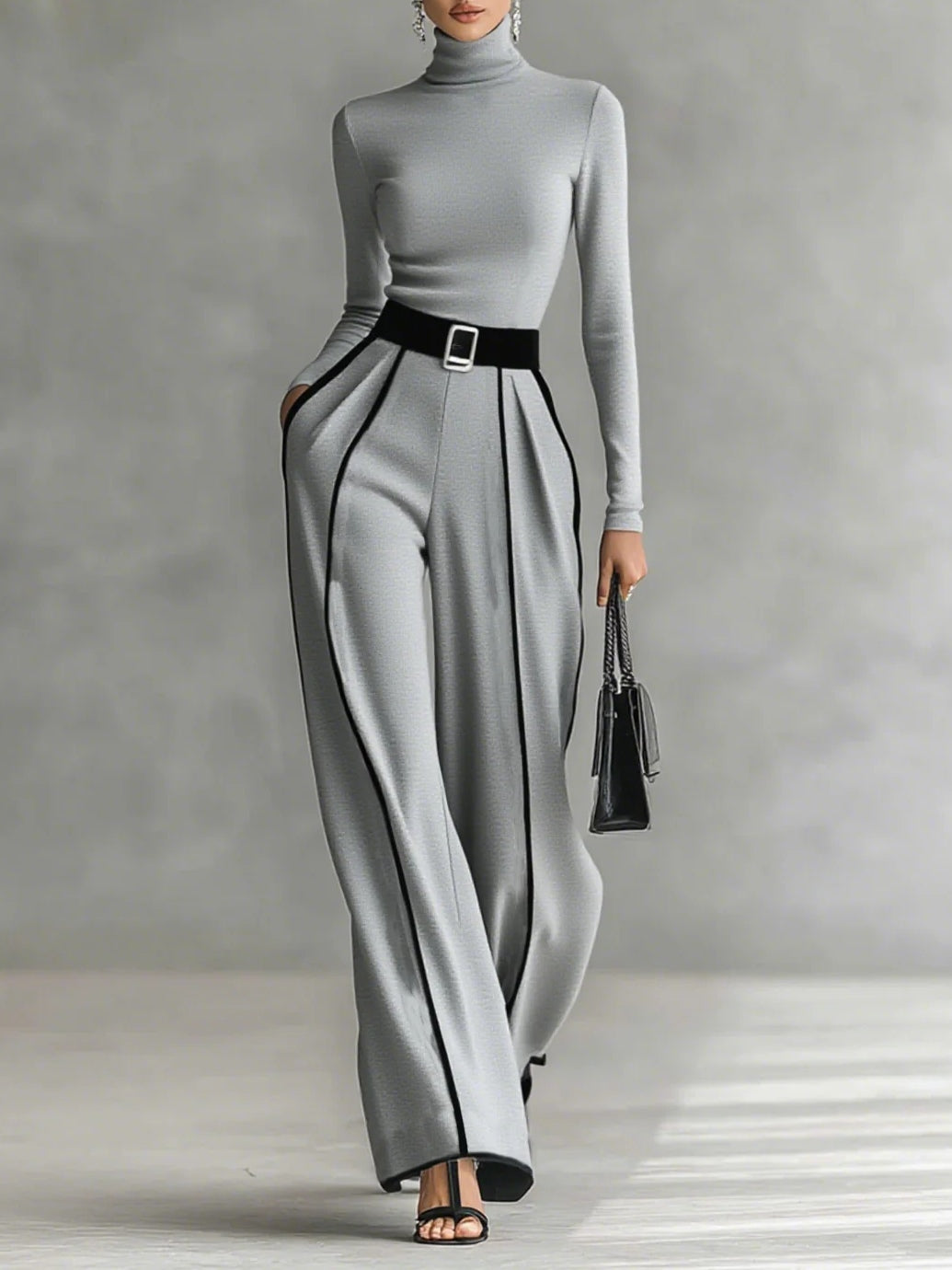 Women's High-Neck Top & Wide-Leg Pants Set with Belt