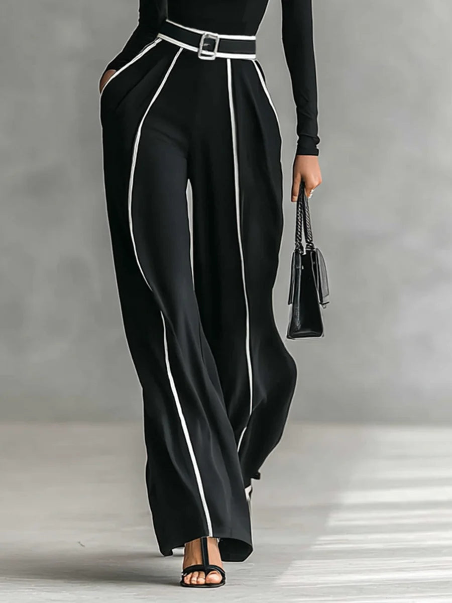 Women's High-Neck Top & Wide-Leg Pants Set with Belt
