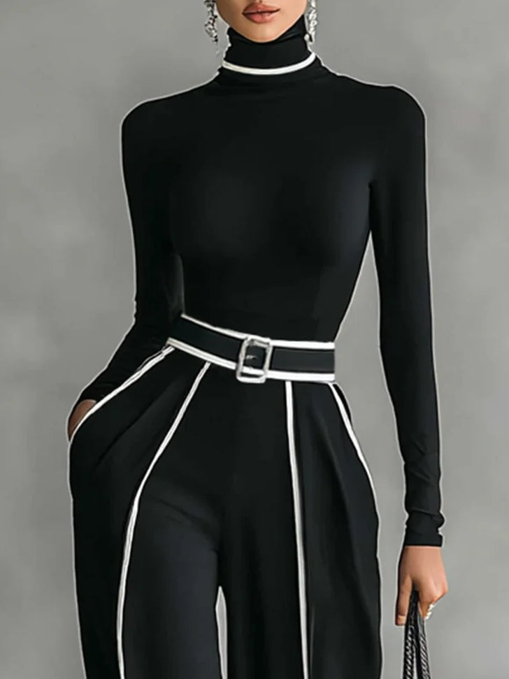 Women's High-Neck Top & Wide-Leg Pants Set with Belt