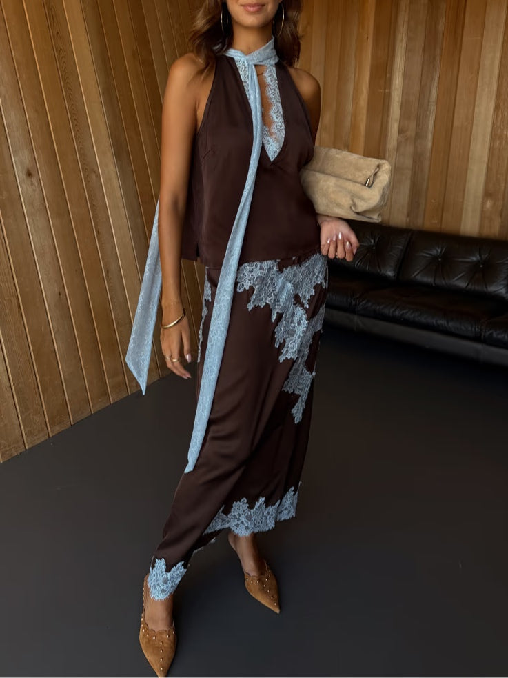 Women's Elegant Lace Panel Top & Skirt Set