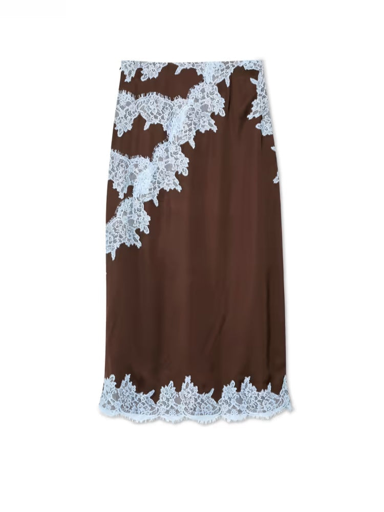 Women's Elegant Brown and Blue Lace Panel Top + Skirt Set