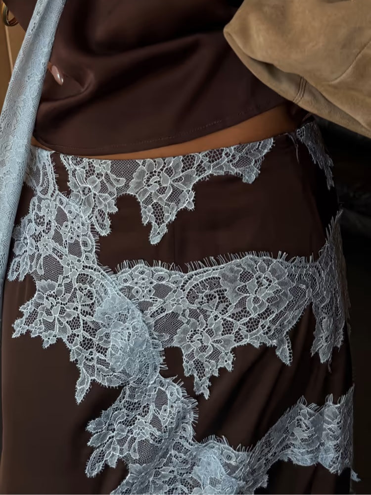 Women's Elegant Brown and Blue Lace Panel Top + Skirt Set