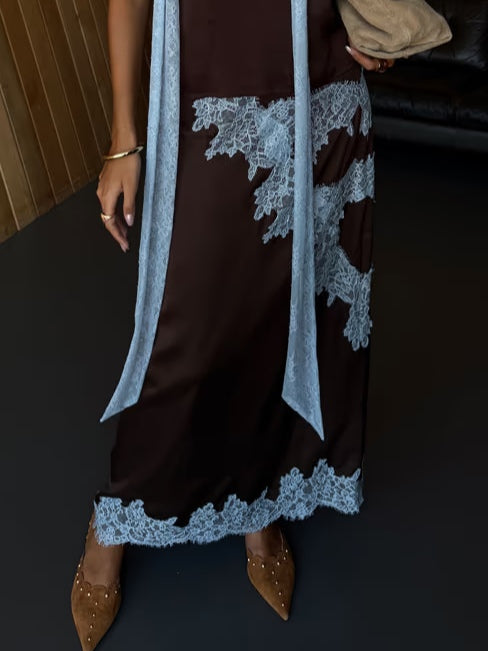 Women's Elegant Brown and Blue Lace Panel Top + Skirt Set