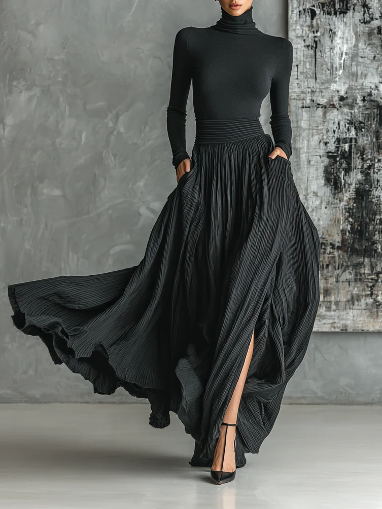 Women's Skinny Turtleneck T-shirt Pleated Skirt Set