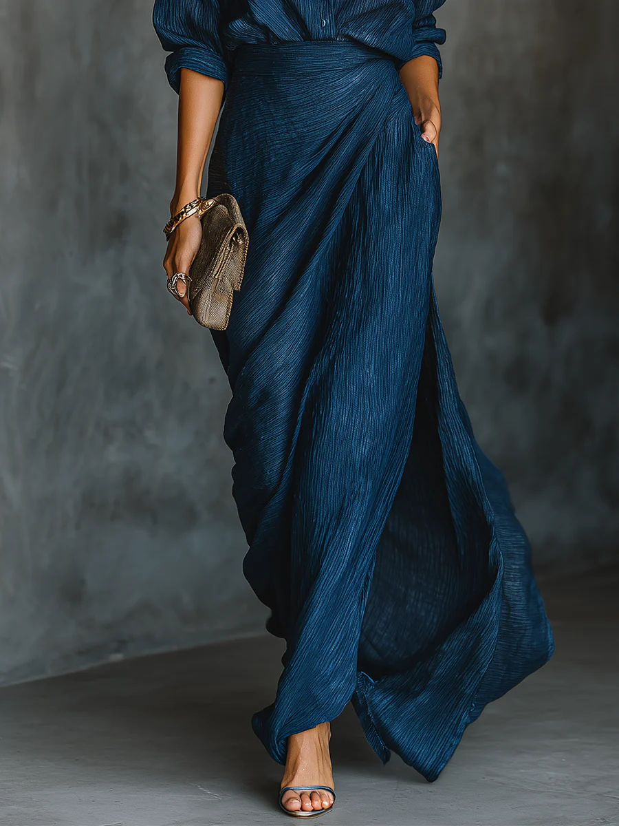 Women's Elegant Dark Blue Shirt & Long Skirt Set
