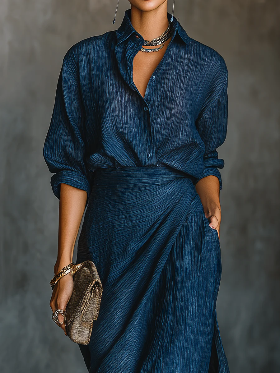 Women's Elegant Dark Blue Shirt & Long Skirt Set