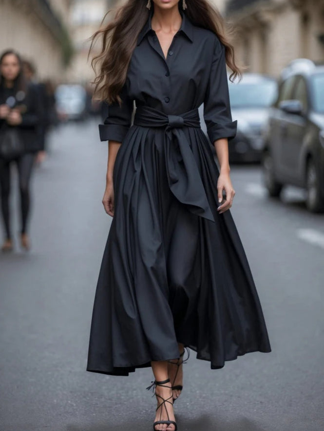 Women's Elegant Long-Sleeve Tie Maxi Dress
