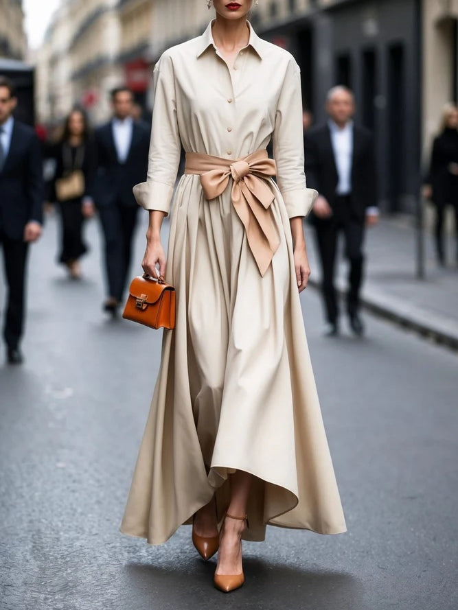 Women's Elegant Long-Sleeve Tie Maxi Dress