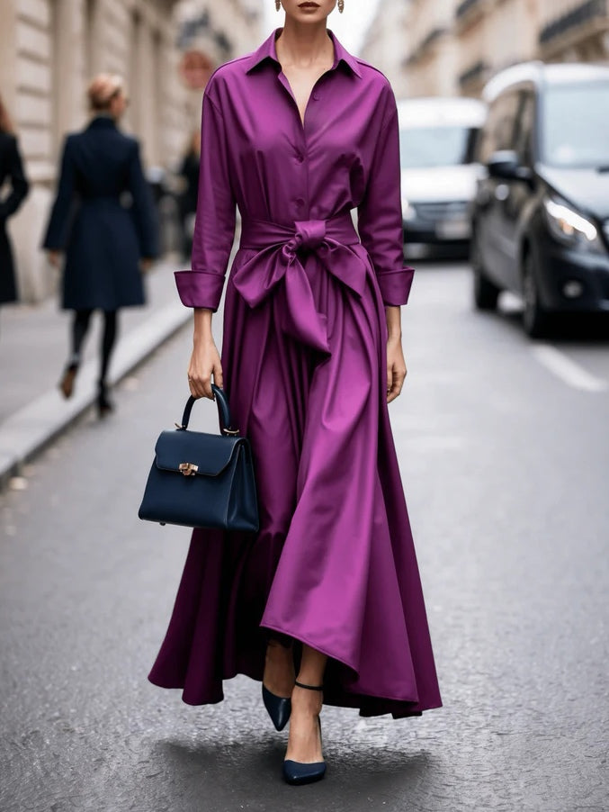 Women's Elegant Long-Sleeve Tie Maxi Dress