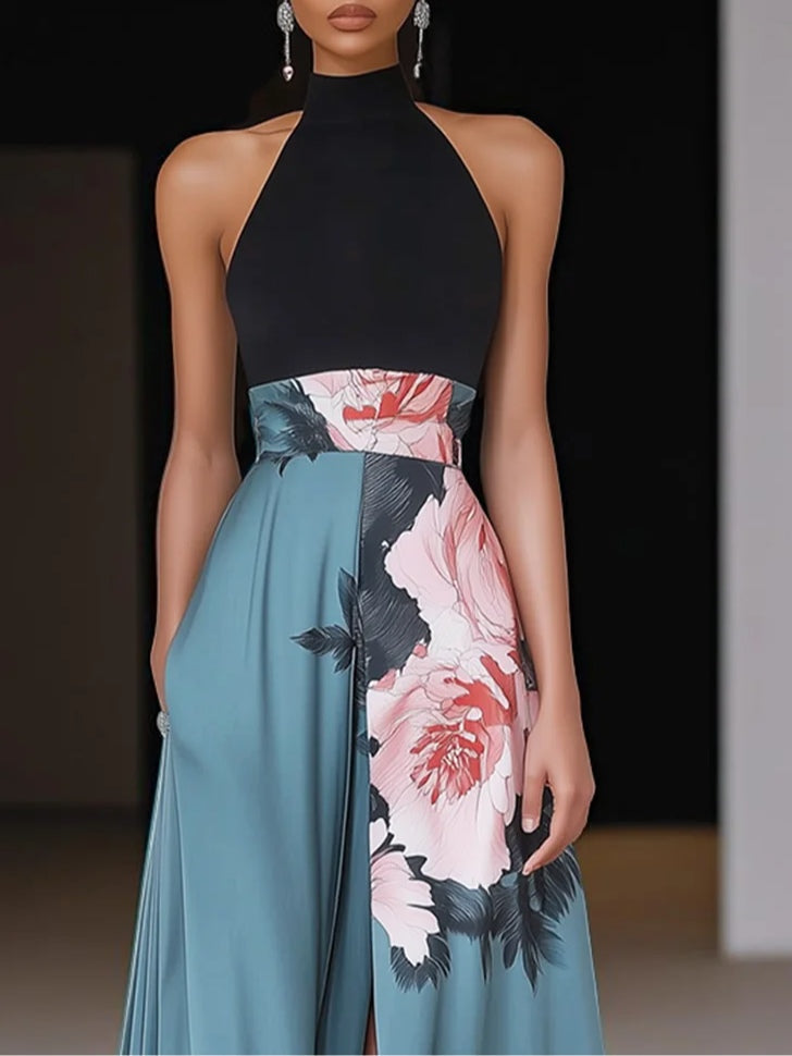 Women's Black Slit Floral Classic Crew Neck Sleeveless A-Line Maxi Dress