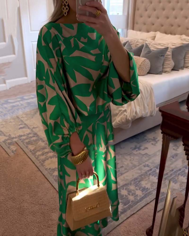 Women's Two-Piece Printed Set with Lantern Sleeves