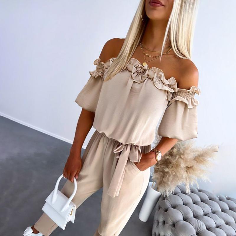 Women's Chic Off Shoulder Frill Tie-Waist Jumpsuit